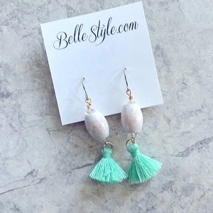 BelleStyle White Wood Bead Mint Tassel Earrings